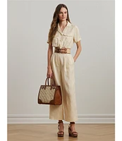 Lauren Ralph Lauren Linen Notch Collar Short Sleeve Embroidered Wide-Leg Jumpsuit