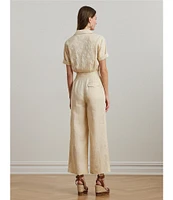 Lauren Ralph Lauren Linen Notch Collar Short Sleeve Embroidered Wide-Leg Jumpsuit