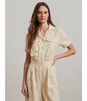Lauren Ralph Lauren Linen Notch Collar Short Sleeve Embroidered Wide-Leg Jumpsuit