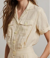 Lauren Ralph Lauren Linen Notch Collar Short Sleeve Embroidered Wide-Leg Jumpsuit