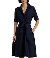Lauren Ralph Lauren Linen Point Collar Elbow Sleeve Button Front Self Tie Fit-And-Flare Shirt Dress