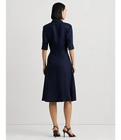 Lauren Ralph Lauren Linen Point Collar Elbow Sleeve Button Front Self Tie Fit-And-Flare Shirt Dress