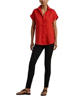 Lauren Ralph Lauren Linen Point Collar Short Rolled Cuff Sleeve Button-Front Shirt