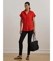 Lauren Ralph Lauren Linen Point Collar Short Rolled Cuff Sleeve Button-Front Shirt
