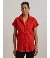 Lauren Ralph Lauren Linen Point Collar Short Rolled Cuff Sleeve Button-Front Shirt