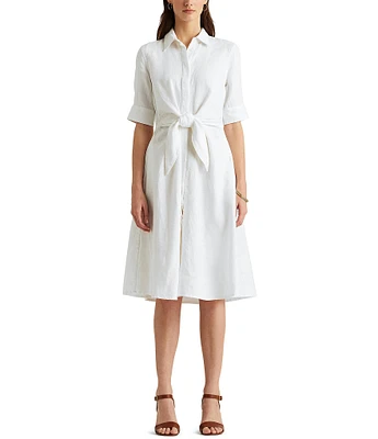 Lauren Ralph Lauren Linen Short Sleeve Button Down Self Tie Waist Shirt Dress