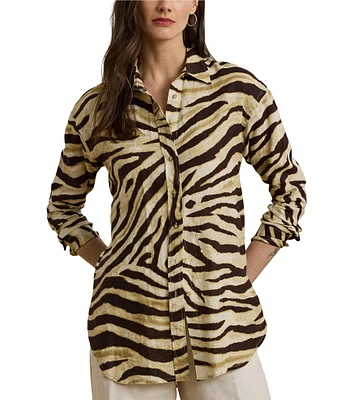 Lauren Ralph Lauren Linen Zebra Print Point Collar Long Sleeve Button-Front Shirt