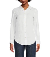 Lauren Ralph Lauren Point Collar Long Roll-Tab Sleeve Button Front Linen Shirt