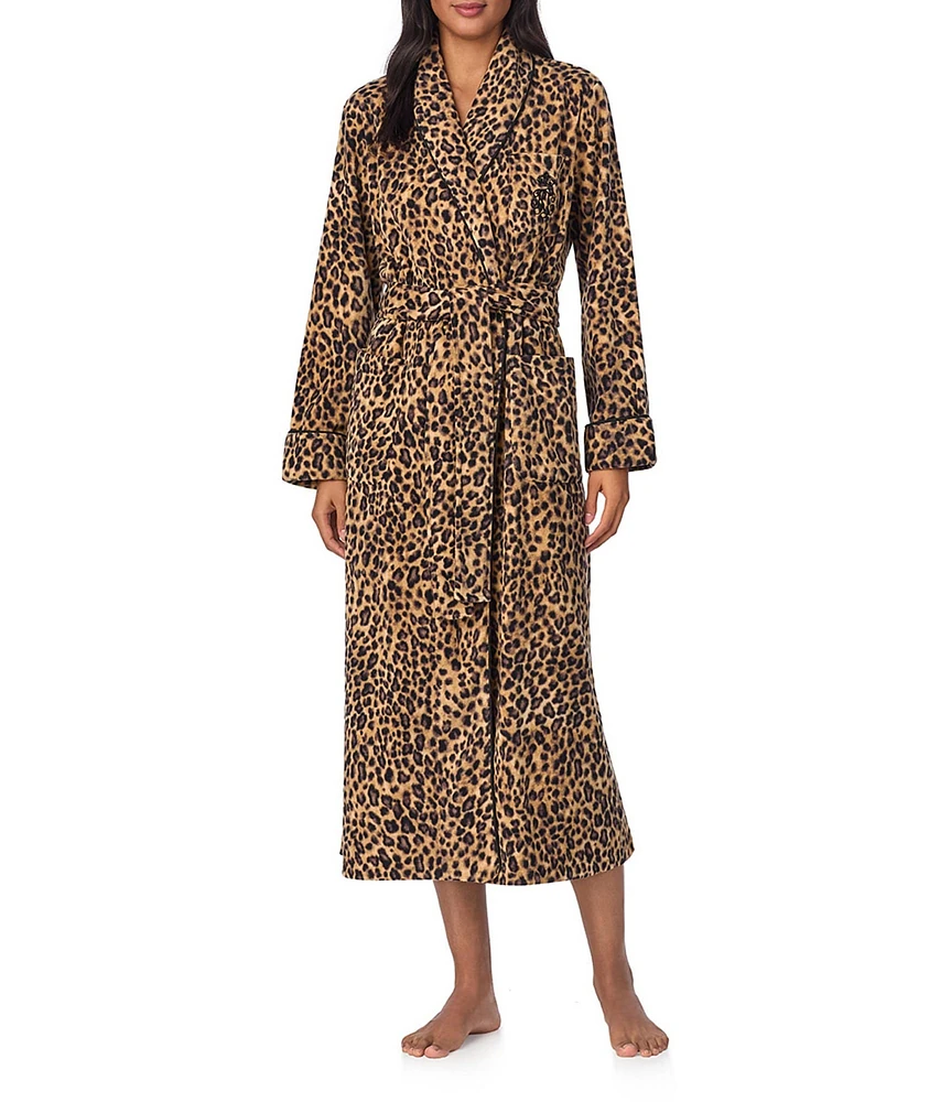 Lauren Ralph Lauren Long Shawl Collar Cozy Micro-Fleece Leopard Print Robe