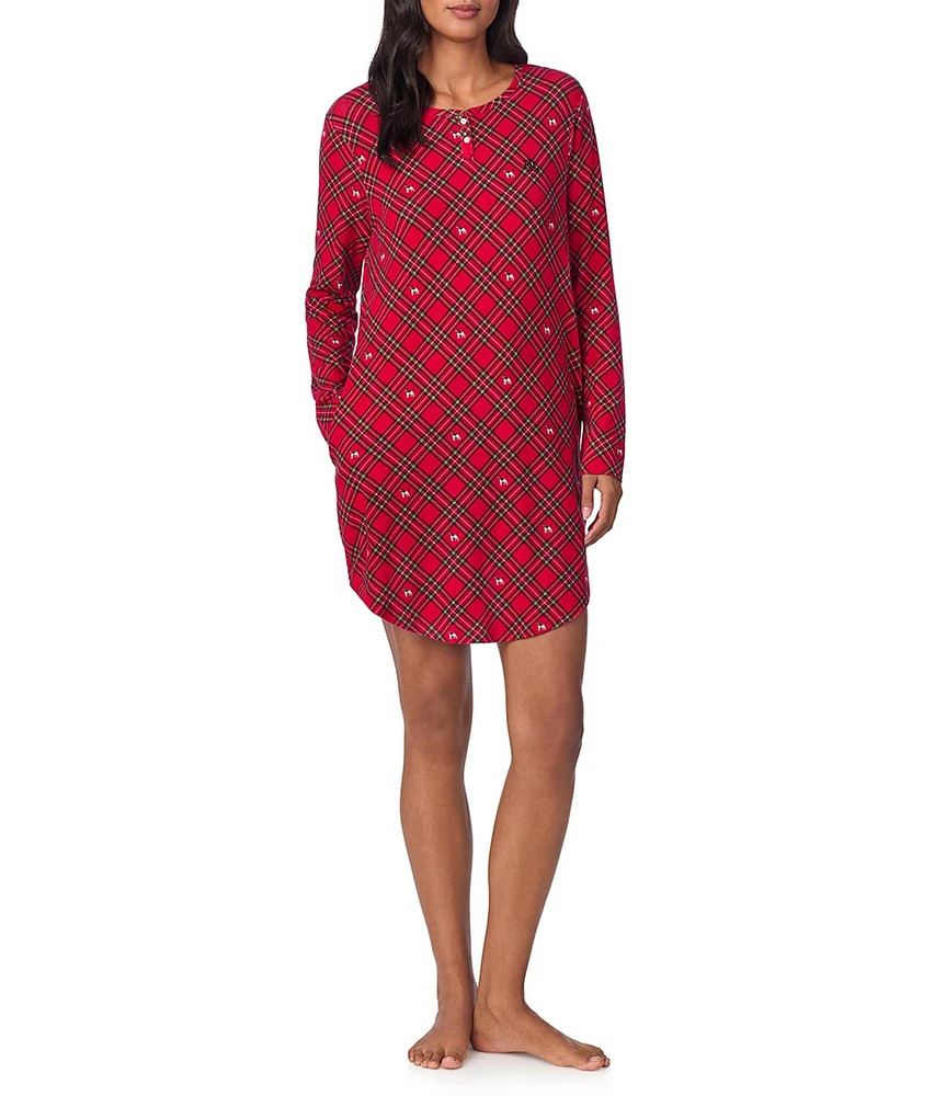 Lauren Ralph Lauren Long Sleeve Henley Plaid Holiday Nightshirt