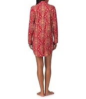 Lauren Ralph Lauren Long Sleeve Notch Collar Button-Front Cozy Knit Paisley Print Nightshirt