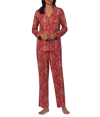 Lauren Ralph Lauren Long Sleeve Notch Collar Long Pant Paisley Knit Holiday Pajama Set