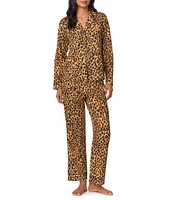 Lauren Ralph Lauren Long Sleeve Notch Collar Long Pant Woven Leopard Print Pajama Set