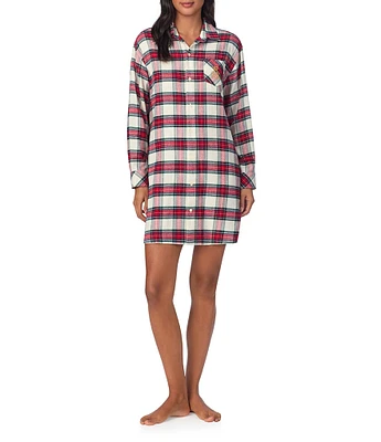 Lauren Ralph Lauren Long Sleeve Notch Collar Plaid Brushed Twill Holiday Nightshirt