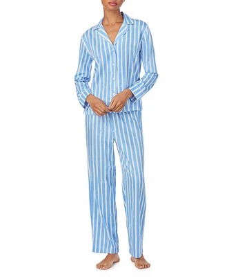 Lauren Ralph Lauren Long Sleeve Notch Collar Sateen Woven Stripe Print Piping Trim Pajama Set