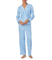 Lauren Ralph Lauren Long Sleeve Notch Collar Sateen Woven Stripe Print Piping Trim Pajama Set