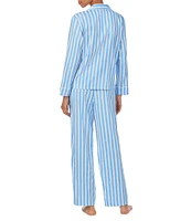 Lauren Ralph Lauren Long Sleeve Notch Collar Sateen Woven Stripe Print Piping Trim Pajama Set