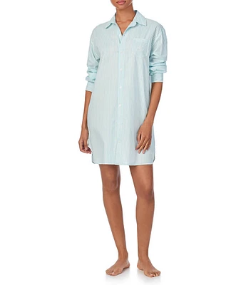 Lauren Ralph Lauren Long Sleeve Notch Collar Shirttail Hem Woven Lawn Light Blue Stripe Nightshirt