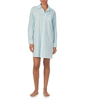 Lauren Ralph Lauren Long Sleeve Notch Collar Shirttail Hem Woven Lawn Light Blue Stripe Nightshirt