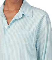 Lauren Ralph Lauren Long Sleeve Notch Collar Shirttail Hem Woven Lawn Light Blue Stripe Nightshirt