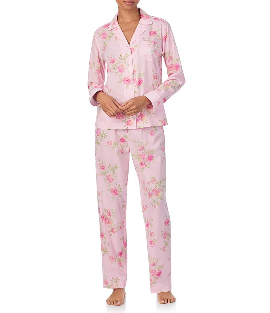 Lauren Ralph Lauren Long Sleeve Notch Collar Woven Lawn Pink Floral Print Long Pajama Set