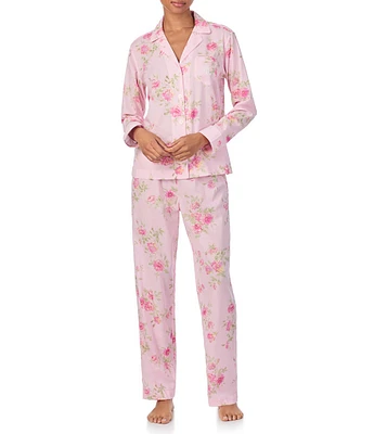 Lauren Ralph Lauren Long Sleeve Notch Collar Woven Lawn Pink Floral Print Long Pajama Set