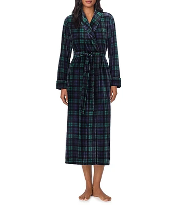 Lauren Ralph Lauren Long Sleeve Shawl Collar Long Cozy Plaid Velvet Robe