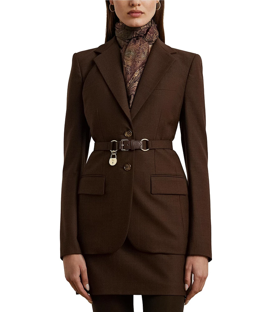 Lauren Ralph Lauren Glen Plaid Belted Padlock Charm Notch Lapel Two-Button Wool-Blend Blazer