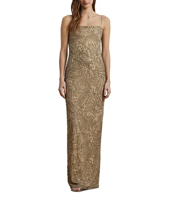 Lauren Ralph Lauren Mesh Beaded Palm Print Square Neck Sleeveless Column Gown
