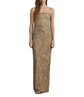 Lauren Ralph Lauren Mesh Beaded Palm Print Square Neck Sleeveless Column Gown