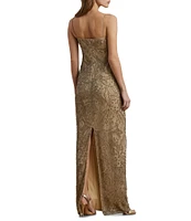 Lauren Ralph Lauren Mesh Beaded Palm Print Square Neck Sleeveless Column Gown