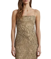 Lauren Ralph Lauren Mesh Beaded Palm Print Square Neck Sleeveless Column Gown