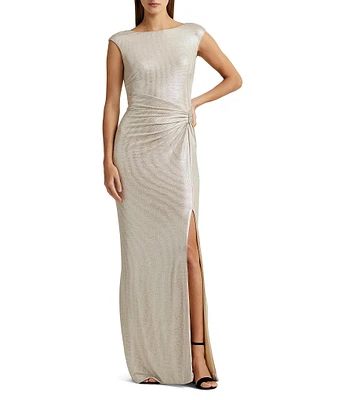 Lauren Ralph Lauren Metallic Boat Neckline Sleeveless Gown