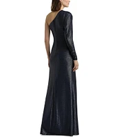 Lauren Ralph Lauren Metallic Knit One Shoulder Long Sleeve Shirred Gown