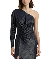 Lauren Ralph Lauren Metallic Knit One Shoulder Long Sleeve Shirred Gown