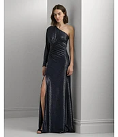 Lauren Ralph Lauren Metallic Knit One Shoulder Long Sleeve Shirred Gown