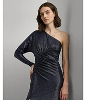 Lauren Ralph Lauren Metallic Knit One Shoulder Long Sleeve Shirred Gown