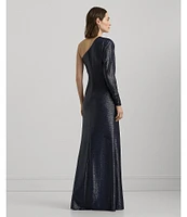 Lauren Ralph Lauren Metallic Knit One Shoulder Long Sleeve Shirred Gown