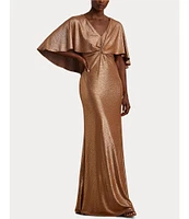 Lauren Ralph Lauren Metallic Knit Twist Front V-Neck Short Cape Flutter Sleeve Column Gown