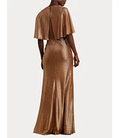 Lauren Ralph Lauren Metallic Knit Twist Front V-Neck Short Cape Flutter Sleeve Column Gown