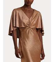 Lauren Ralph Lauren Metallic Knit Twist Front V-Neck Short Cape Flutter Sleeve Column Gown