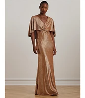 Lauren Ralph Lauren Metallic Knit Twist Front V-Neck Short Cape Flutter Sleeve Column Gown