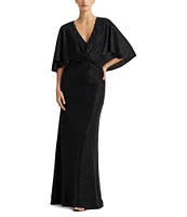 Lauren Ralph Lauren Metallic Knit V-Neck Cape Twist Front Gown