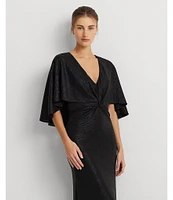 Lauren Ralph Lauren Metallic Knit V-Neck Cape Twist Front Gown