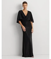 Lauren Ralph Lauren Metallic Knit V-Neck Cape Twist Front Gown