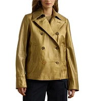 Lauren Ralph Lauren Metallic Lambskin Spread Collar Long Sleeve Double-Breasted Peacoat