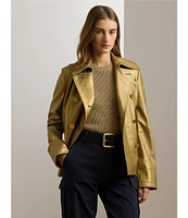 Lauren Ralph Lauren Metallic Lambskin Spread Collar Long Sleeve Double-Breasted Peacoat