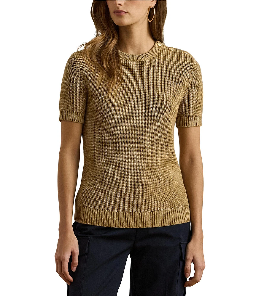 Lauren Ralph Lauren Metallic Rib-Knit Crew Neck Short Sleeve Anchor Button Embellished Sweater