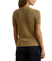 Lauren Ralph Lauren Metallic Rib-Knit Crew Neck Short Sleeve Anchor Button Embellished Sweater