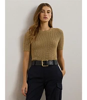 Lauren Ralph Lauren Metallic Rib-Knit Crew Neck Short Sleeve Anchor Button Embellished Sweater